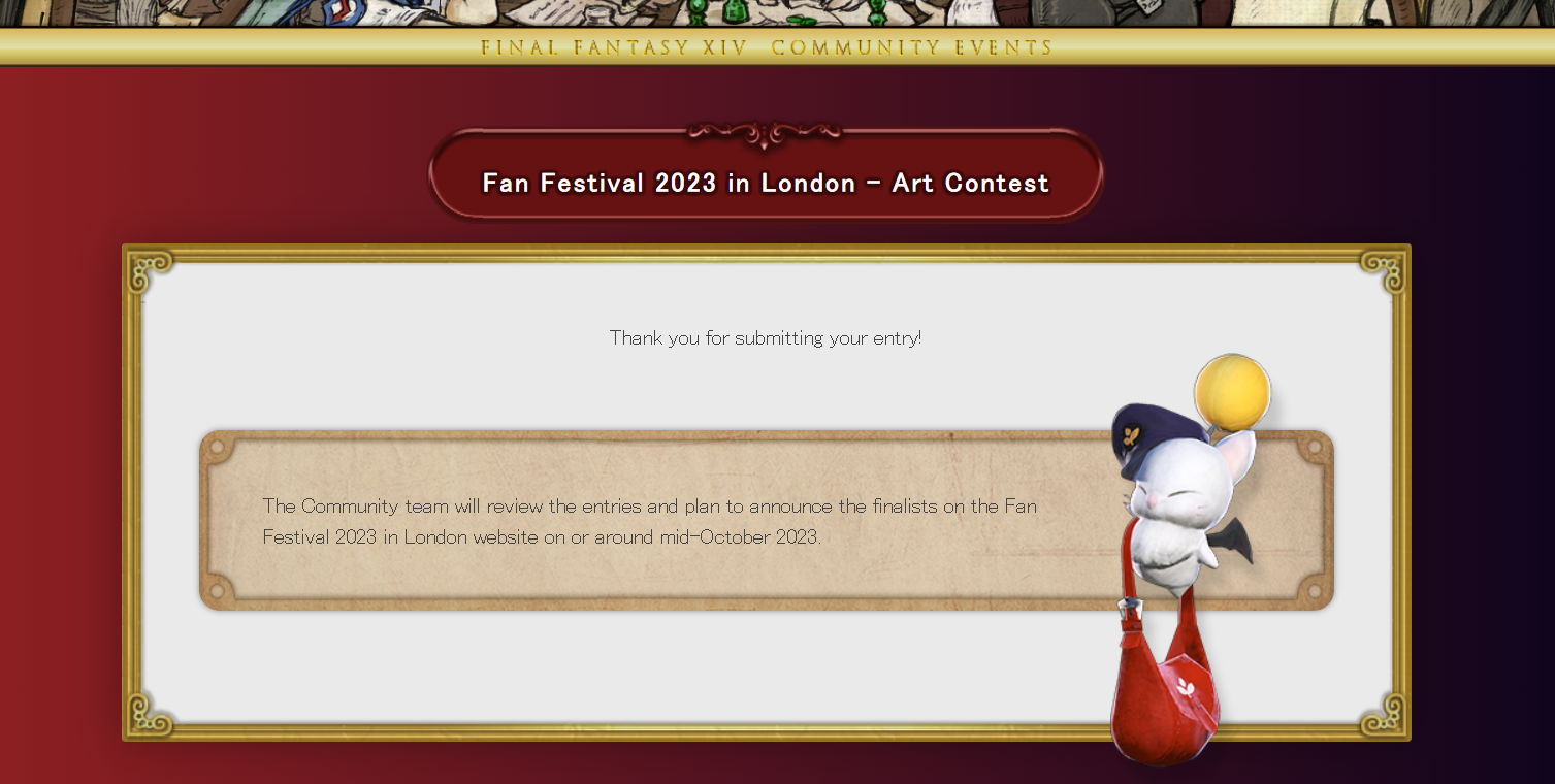 A screenshot confirming the successful submission of an entry to the art contest. A postmoogle is next to a text box that says the Community team will announce the finalists around mid-October 2023.